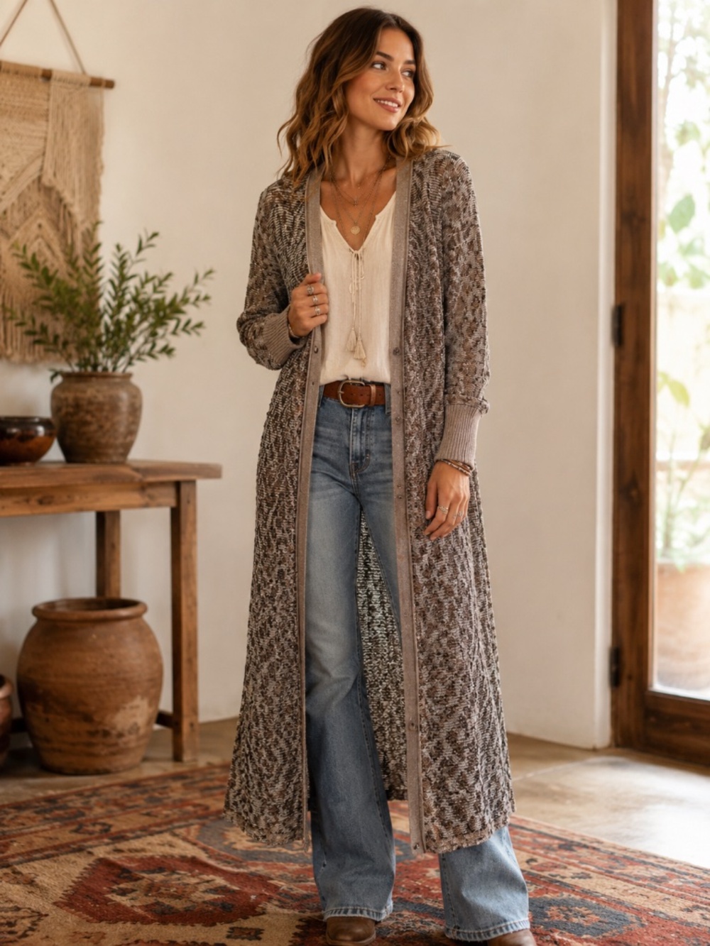 Free People maxi cardigan/sweater buttons wool animal print M boho cottage core